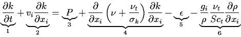 \begin{displaymath}
\underbrace{
\frac{\partial k}{\partial t}
}_{1}
+
\underbr...
...c{\nu_{t}}{Sc_{t}}
\frac{\partial \rho }{\partial x_{i}}
}_{6}
\end{displaymath}