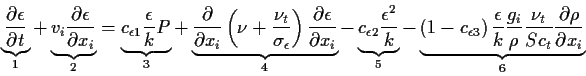 \begin{displaymath}
\underbrace{
\frac{\partial \epsilon}{\partial t}
}_{1}
+
\...
...c{\nu_{t}}{Sc_{t}}
\frac{\partial \rho }{\partial x_{i}}
}_{6}
\end{displaymath}